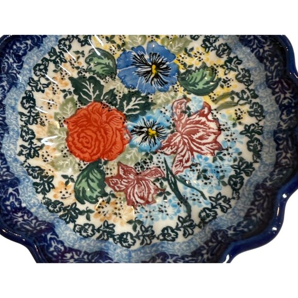 vintage Unikat Okraska Polish Pottery Floral Scalloped Dish bowel collectable - Picture 2 of 6